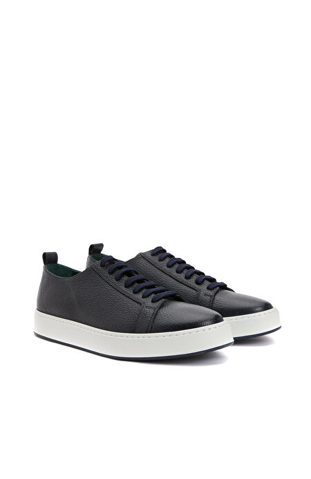 Koyu Lacivert Desenli Erkek Deri Sneaker