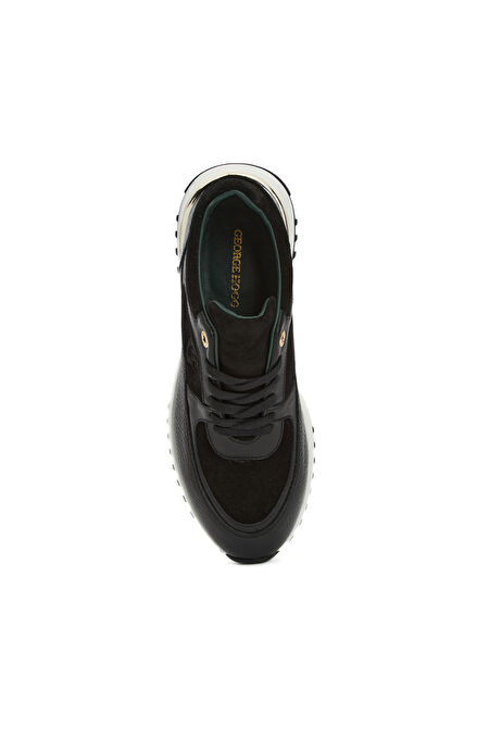 Siyah Nakış Detaylı Kadın Deri Sneaker_3