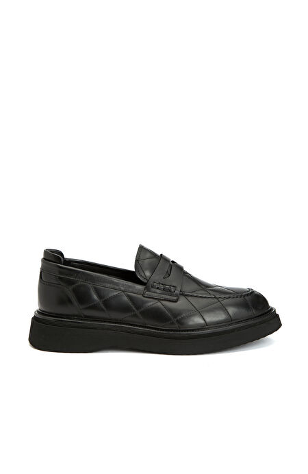 Siyah Dikiş Detaylı Erkek Deri Loafer