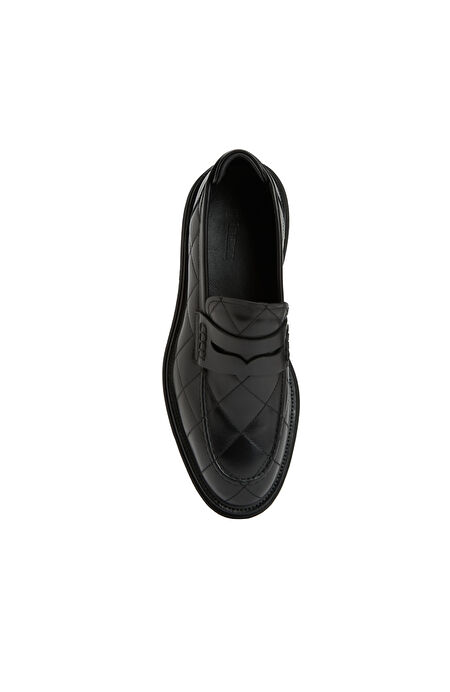 Siyah Dikiş Detaylı Erkek Deri Loafer_3