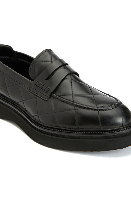 Siyah Dikiş Detaylı Erkek Deri Loafer_5