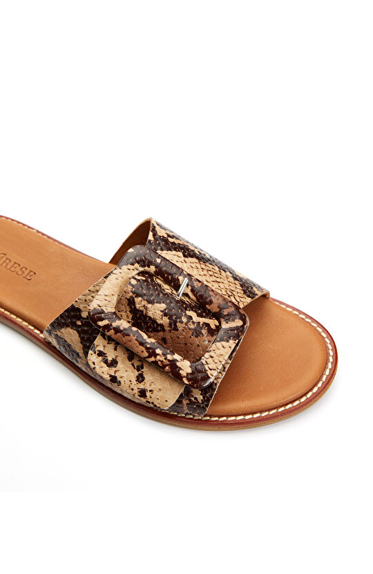 Kahverengi Yılan Baskılı Kadın Deri Terlik