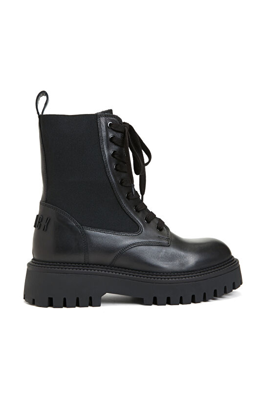 Siyah Kadın Deri  Kalın Taban Bot