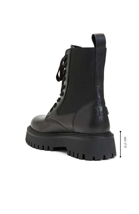 Siyah Kadın Deri  Kalın Taban Bot