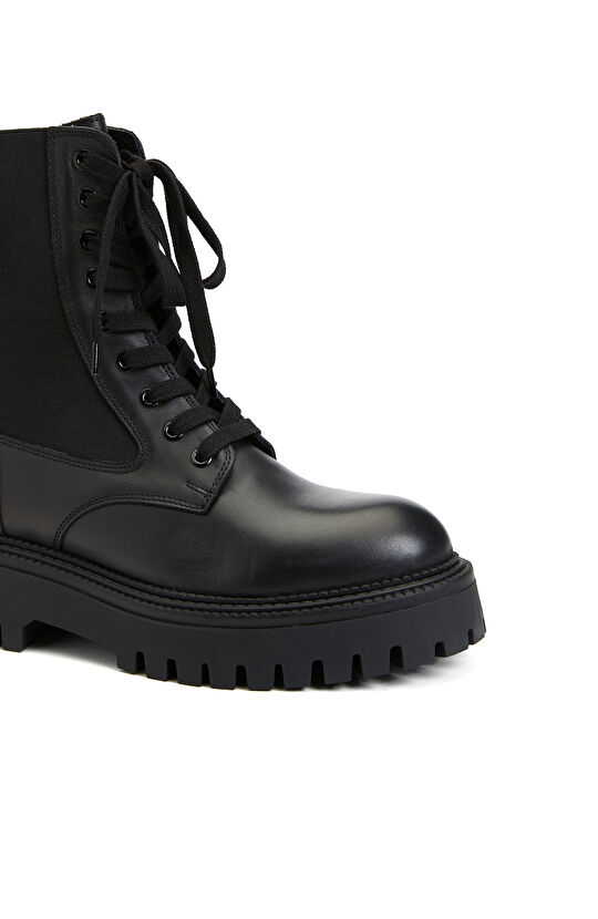 Siyah Kadın Deri  Kalın Taban Bot