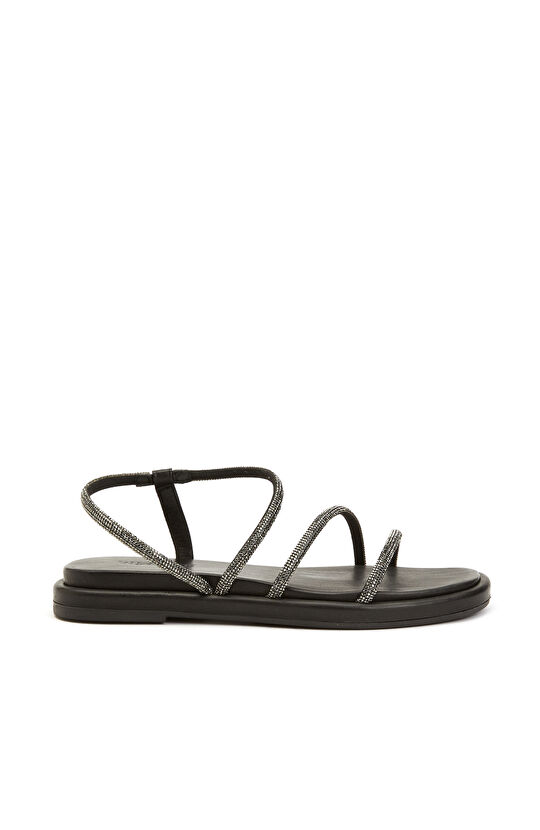 Siyah Taş Bantlı Kadın Deri Sandalet