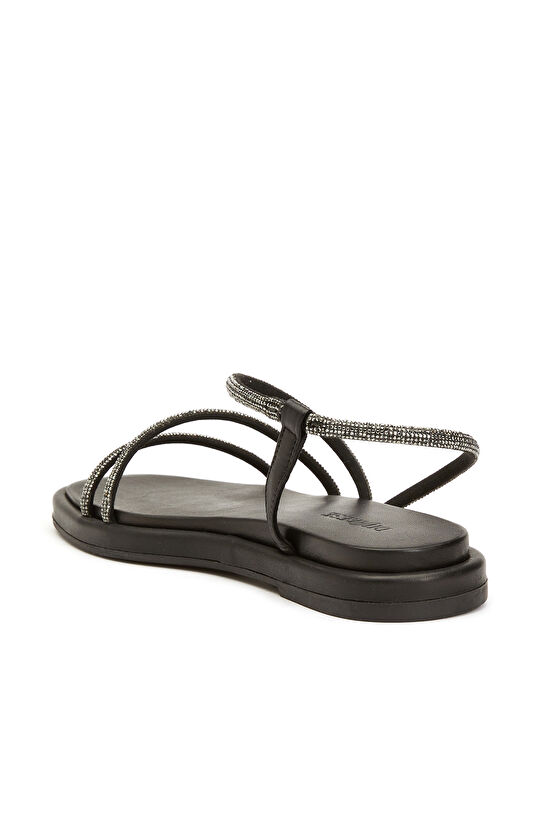 Siyah Taş Bantlı Kadın Deri Sandalet