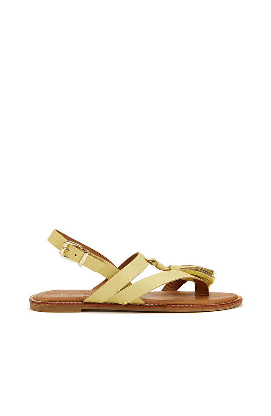 Sarı Kadın Püsküllü Deri Sandalet