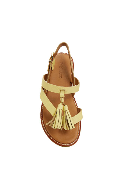 Sarı Kadın Püsküllü Deri Sandalet
