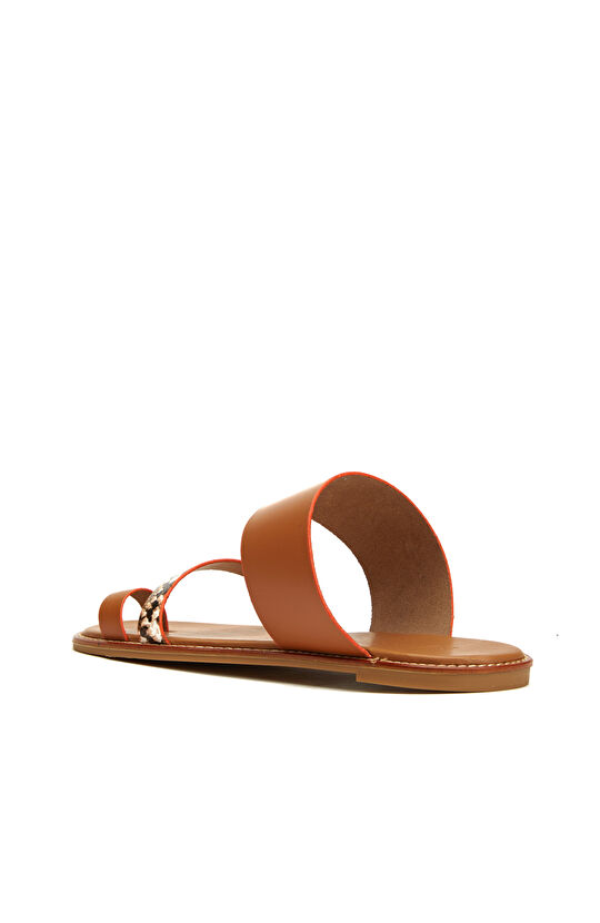 Taba Leopar Desen Bantlı Kadın Deri Terlik