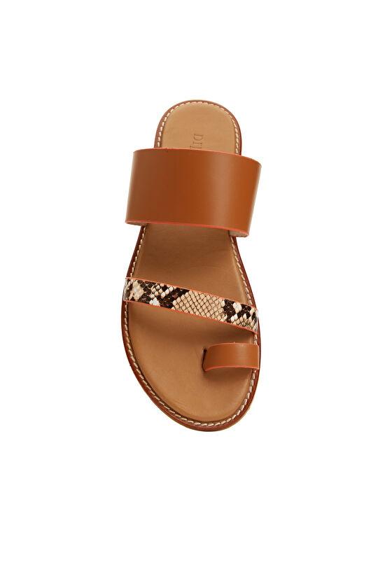 Taba Leopar Desen Bantlı Kadın Deri Terlik