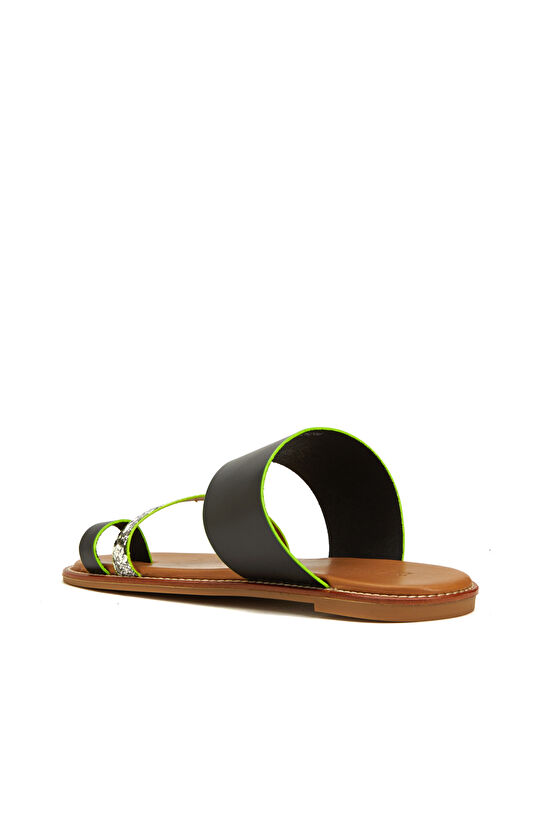 Siyah Leopar Desen Bantlı Kadın Deri Terlik