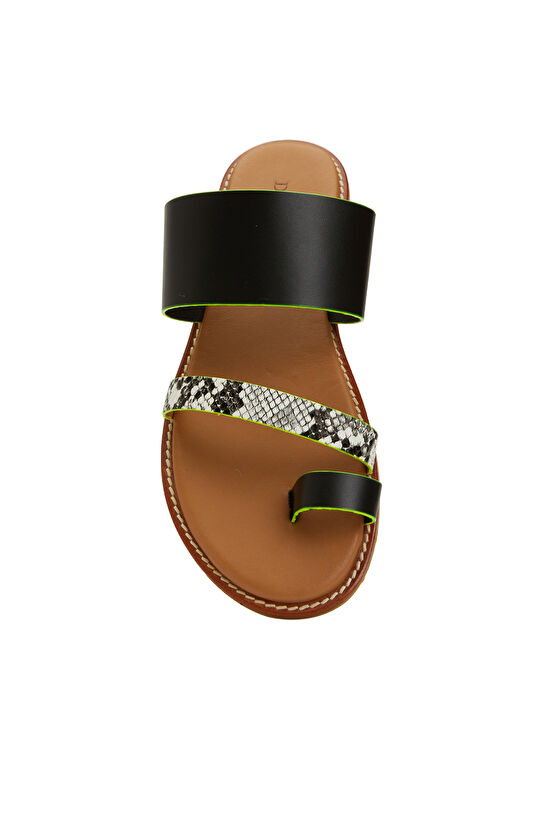 Siyah Leopar Desen Bantlı Kadın Deri Terlik