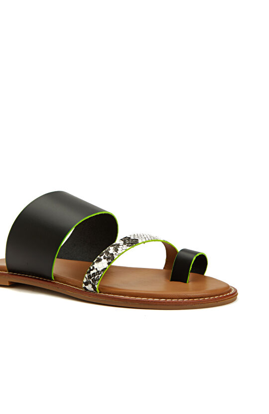 Siyah Leopar Desen Bantlı Kadın Deri Terlik