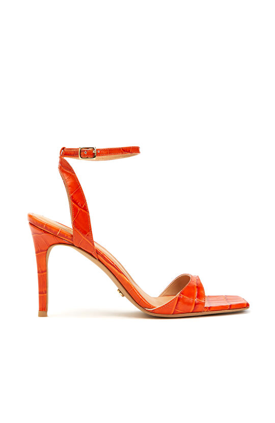 Turuncu Kroko Desenli Kadın Deri Sandalet