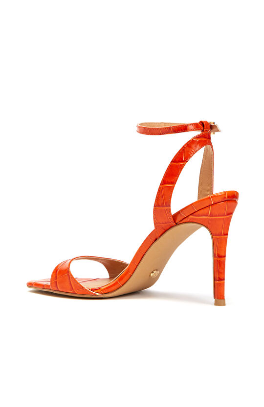 Turuncu Kroko Desenli Kadın Deri Sandalet