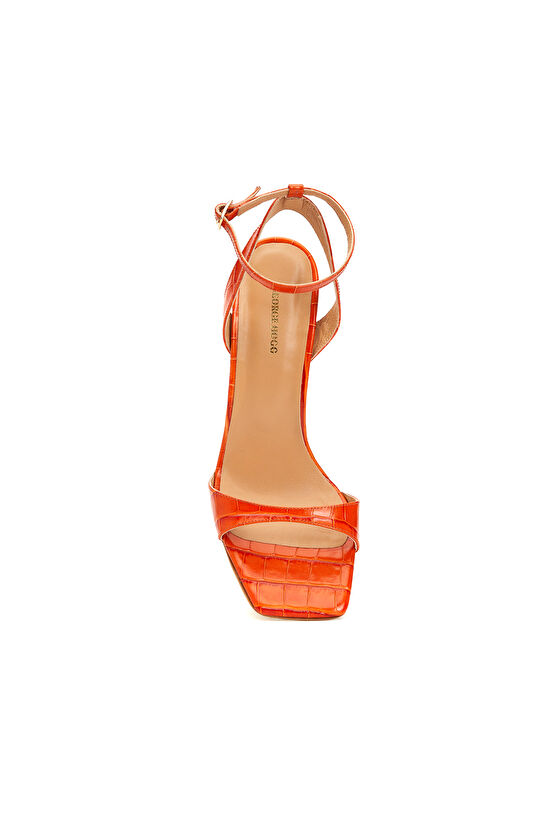Turuncu Kroko Desenli Kadın Deri Sandalet