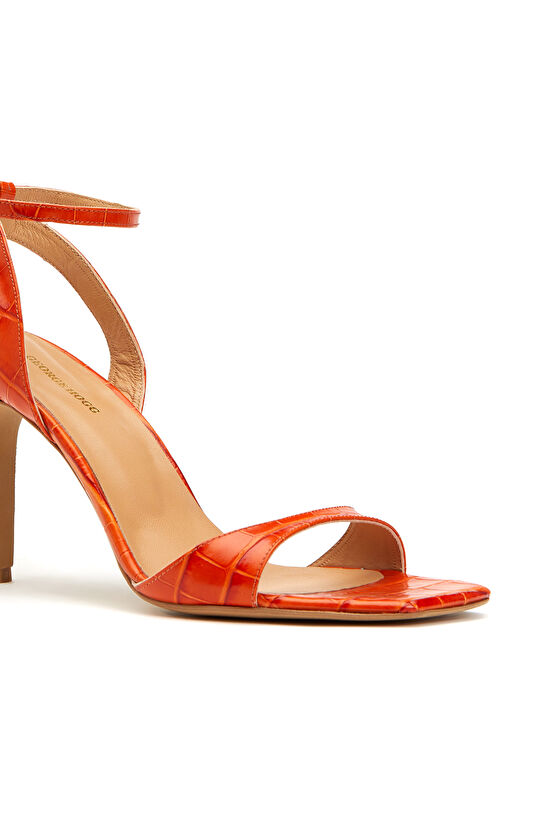 Turuncu Kroko Desenli Kadın Deri Sandalet