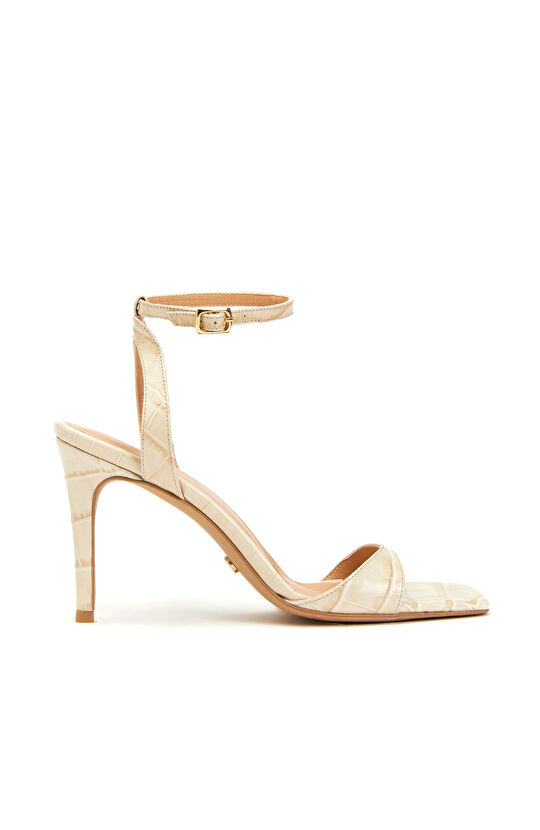 Kemik Kroko Desenli Kadın Deri Sandalet