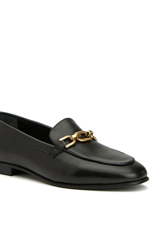 Siyah Yuvarlak Burun Kadın Deri Loafer