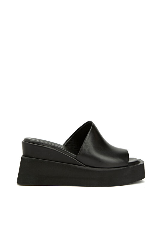 Siyah Platform Topuklu Kadın Deri Terlik