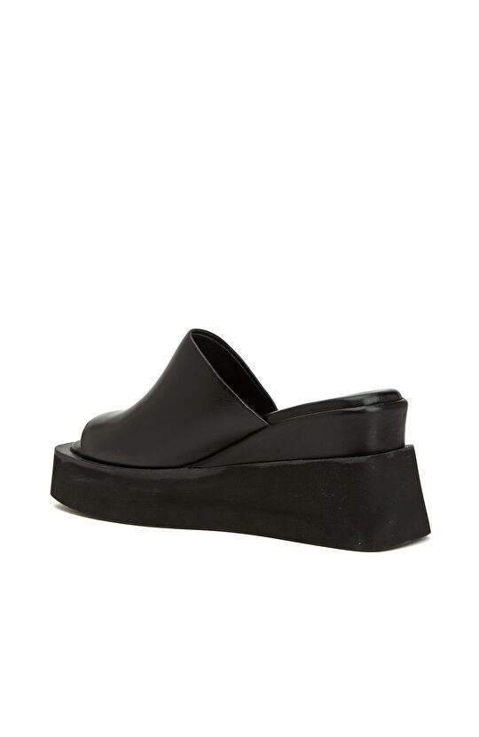 Siyah Platform Topuklu Kadın Deri Terlik