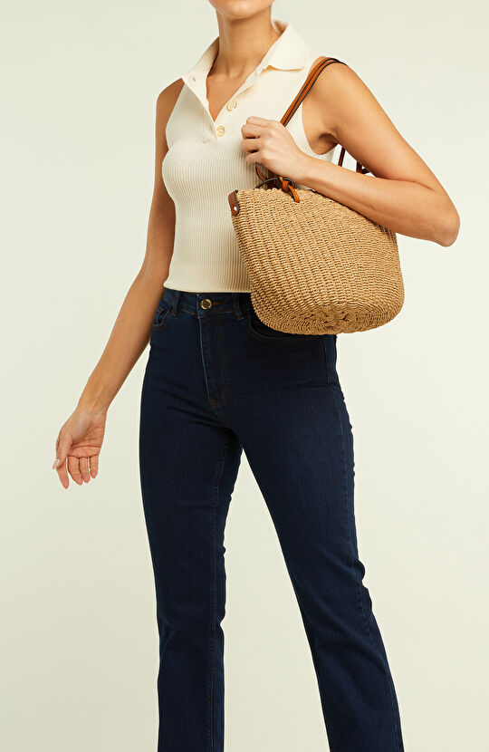 Bej Sepet Dokulu Kadın Omuz Çantası