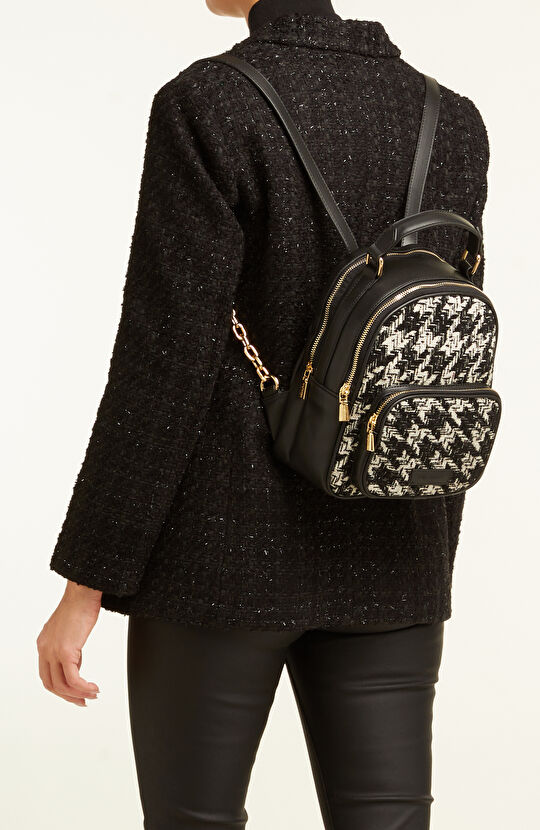 Gri Kazayağı Desenli Kadın Sırt Çantası