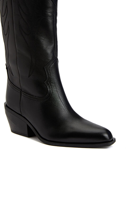 Siyah Kadın Deri Kovboy Western Çizme