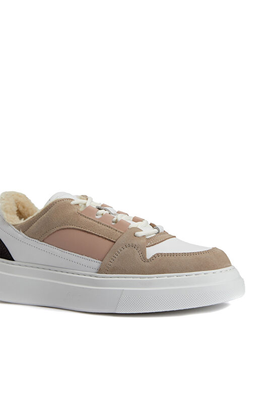 Beyaz Bej Kadın Deri Sneaker
