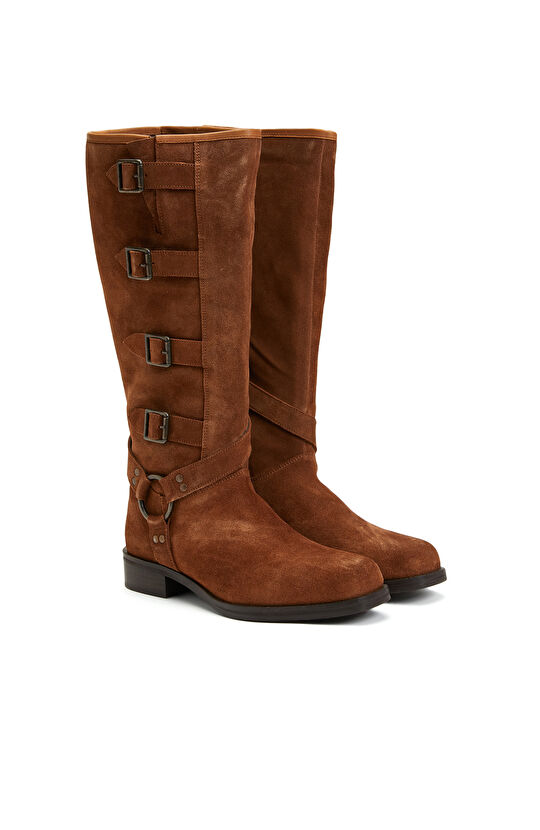 Taba Kadın Süet Deri Kovboy Western Çizme