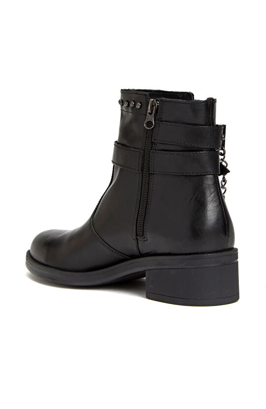 Siyah Zincir Detaylı Kadın Deri Bot 