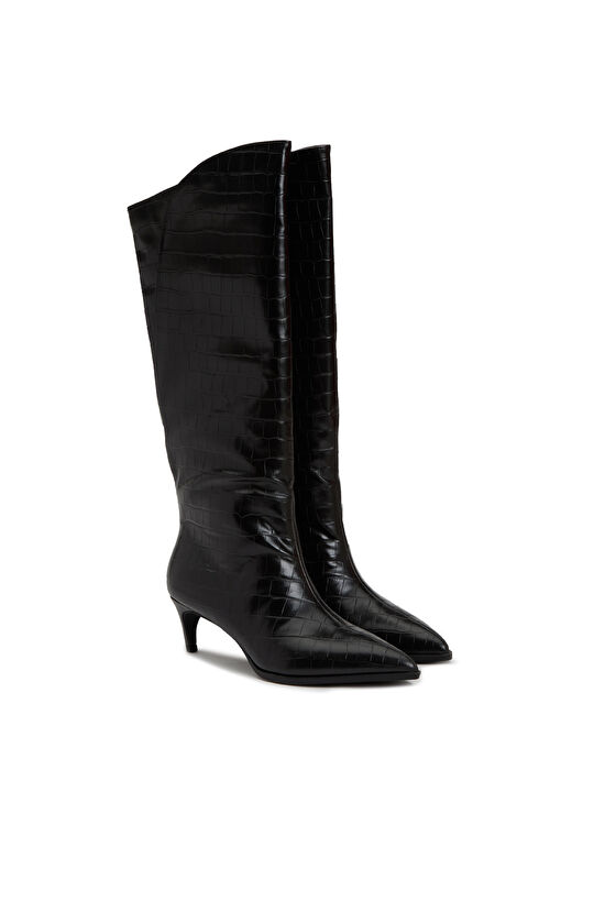 Siyah Krokodil Dokulu Kadın Çizme