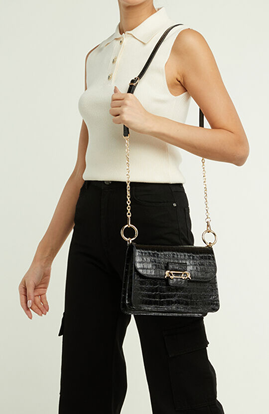 Siyah Krokodil Dokulu Kadın Deri Omuz Çantası