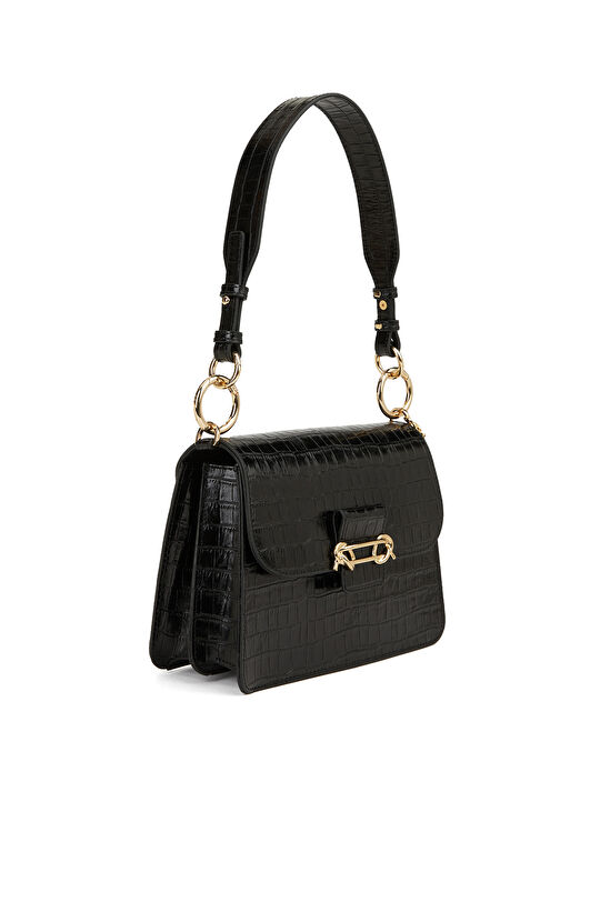 Siyah Krokodil Dokulu Kadın Deri Omuz Çantası