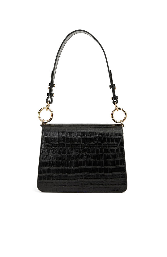 Siyah Krokodil Dokulu Kadın Deri Omuz Çantası
