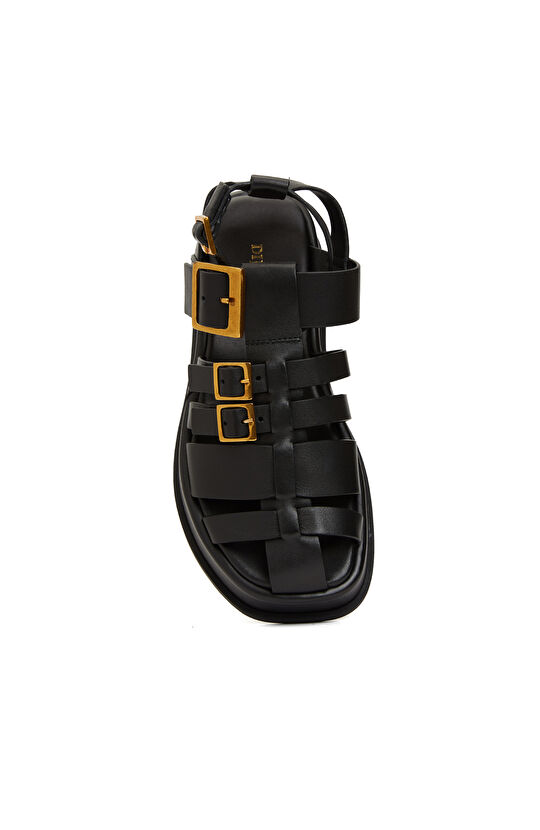 Siyah Kadın Deri Gladyatör Sandalet