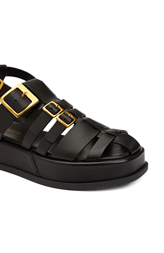 Siyah Kadın Deri Gladyatör Sandalet