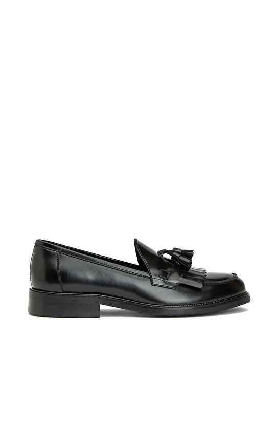 Siyah Püsküllü Kadın Deri Loafer