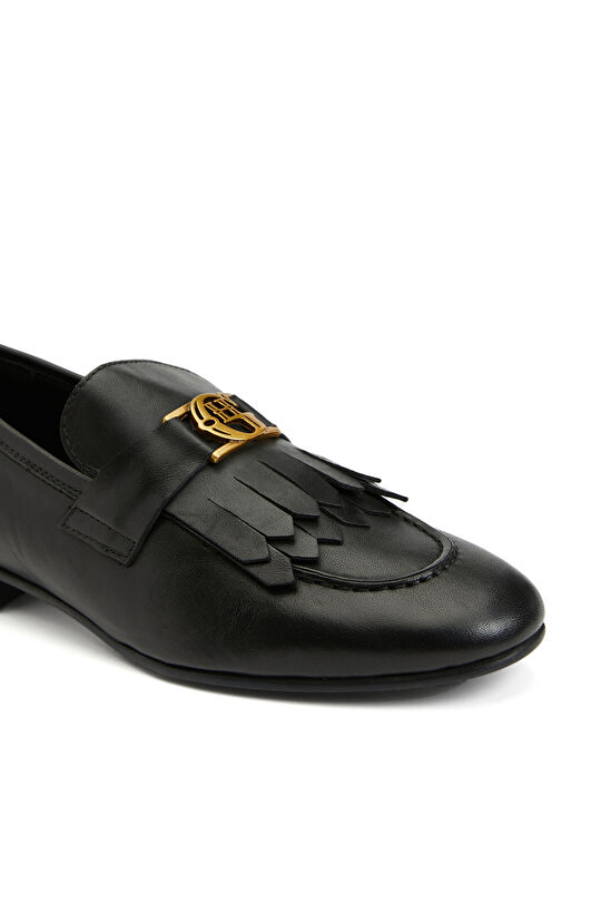 Siyah Kadın Bağcıklı Deri Loafer