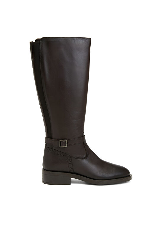 Kahverengi Kadın Fermuarlı Deri Çizme