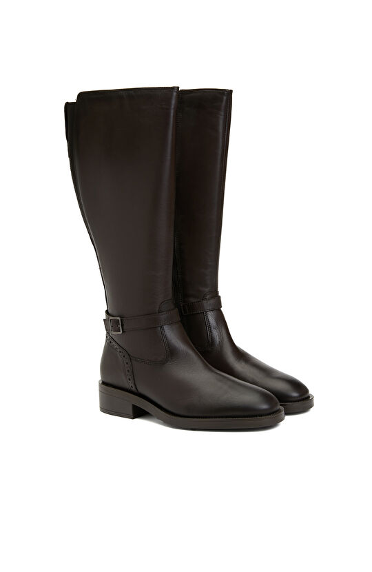 Kahverengi Kadın Fermuarlı Deri Çizme