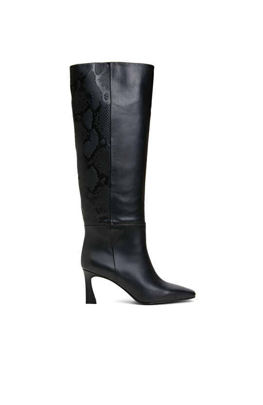 Siyah Kadın Küt Burun Topuklu Deri Çizme