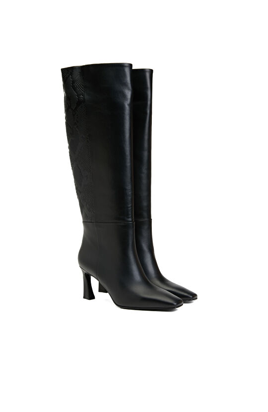 Siyah Kadın Küt Burun Topuklu Deri Çizme