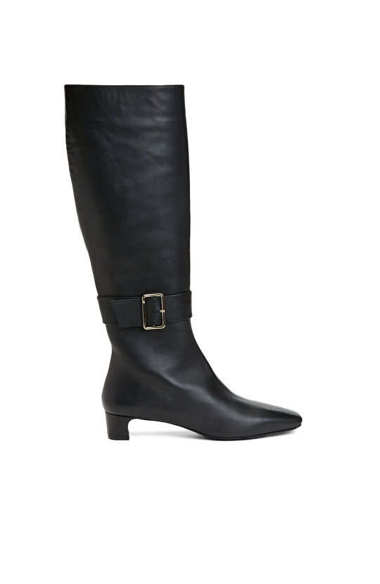 Siyah Kadın Küt Burun Kısa Topuklu Deri Çizme