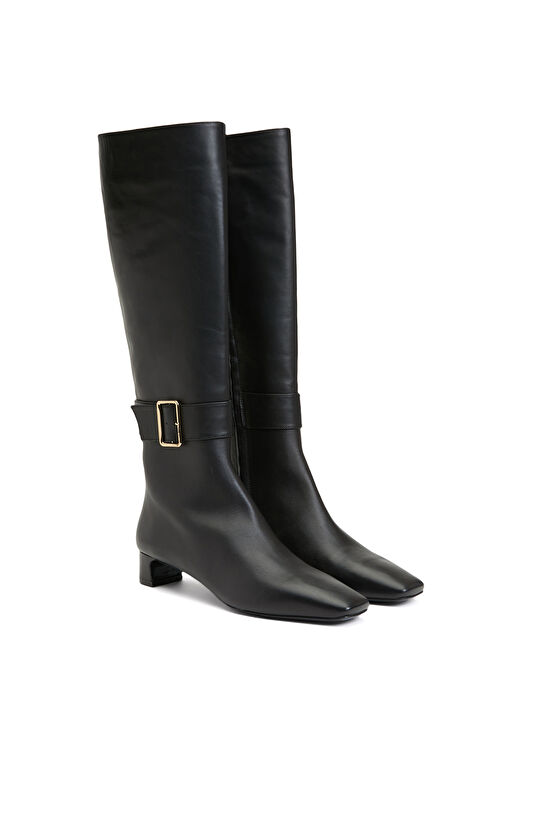 Siyah Kadın Küt Burun Kısa Topuklu Deri Çizme