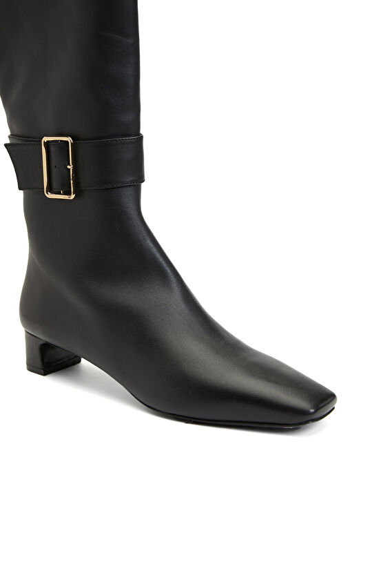 Siyah Kadın Küt Burun Kısa Topuklu Deri Çizme