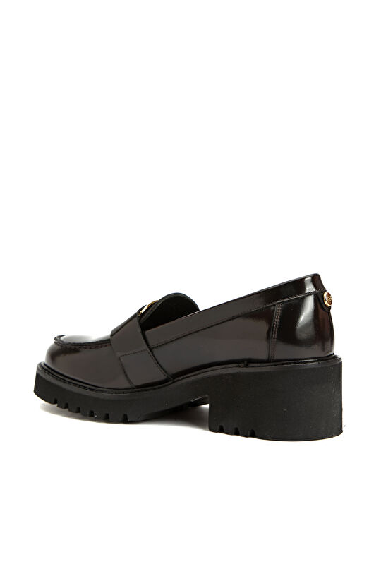 Kahverengi Tokalı Kadın Deri Topuklu Loafer