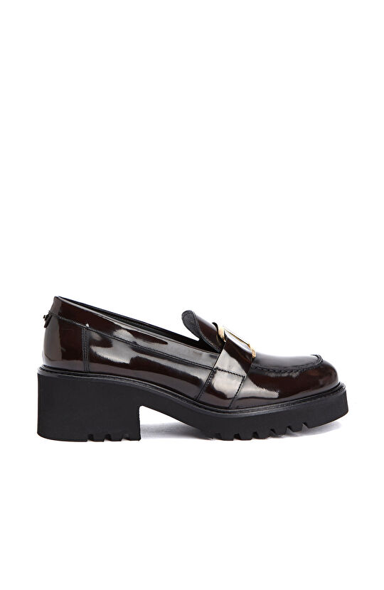 Kahverengi Tokalı Kadın Deri Topuklu Loafer