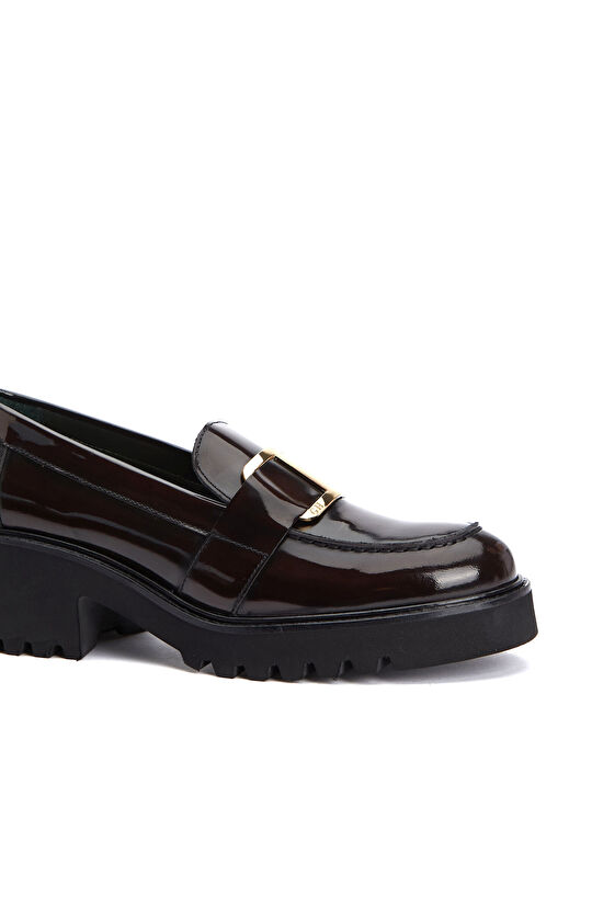 Kahverengi Tokalı Kadın Deri Topuklu Loafer
